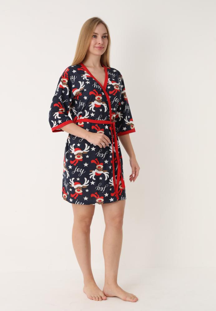 Halat dama Craciun,maneci 3/4,imprimeu reni ,culoare bleumarin ,En-gros